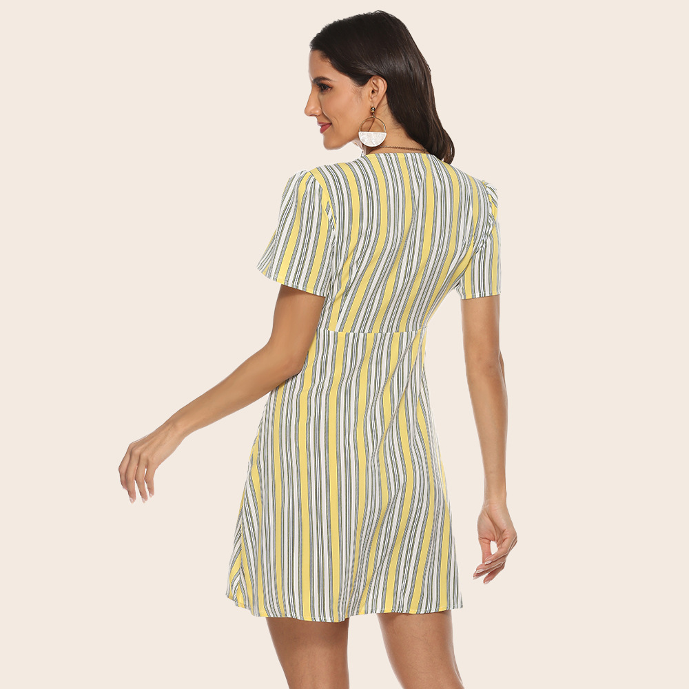 Summer Lemon Yellow Striped Sexy Women Dress V-neck Vitality Sweet Short Sleeve Dress