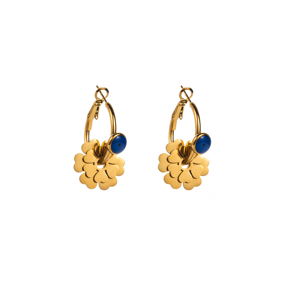 Daily, Date Occasion PVD Coated 18K Gold Plated U Shape Devil's Eye Flower 304 Stainless Steel Glass Vintage Style Waterproof Non Tarnish Drop Earrings