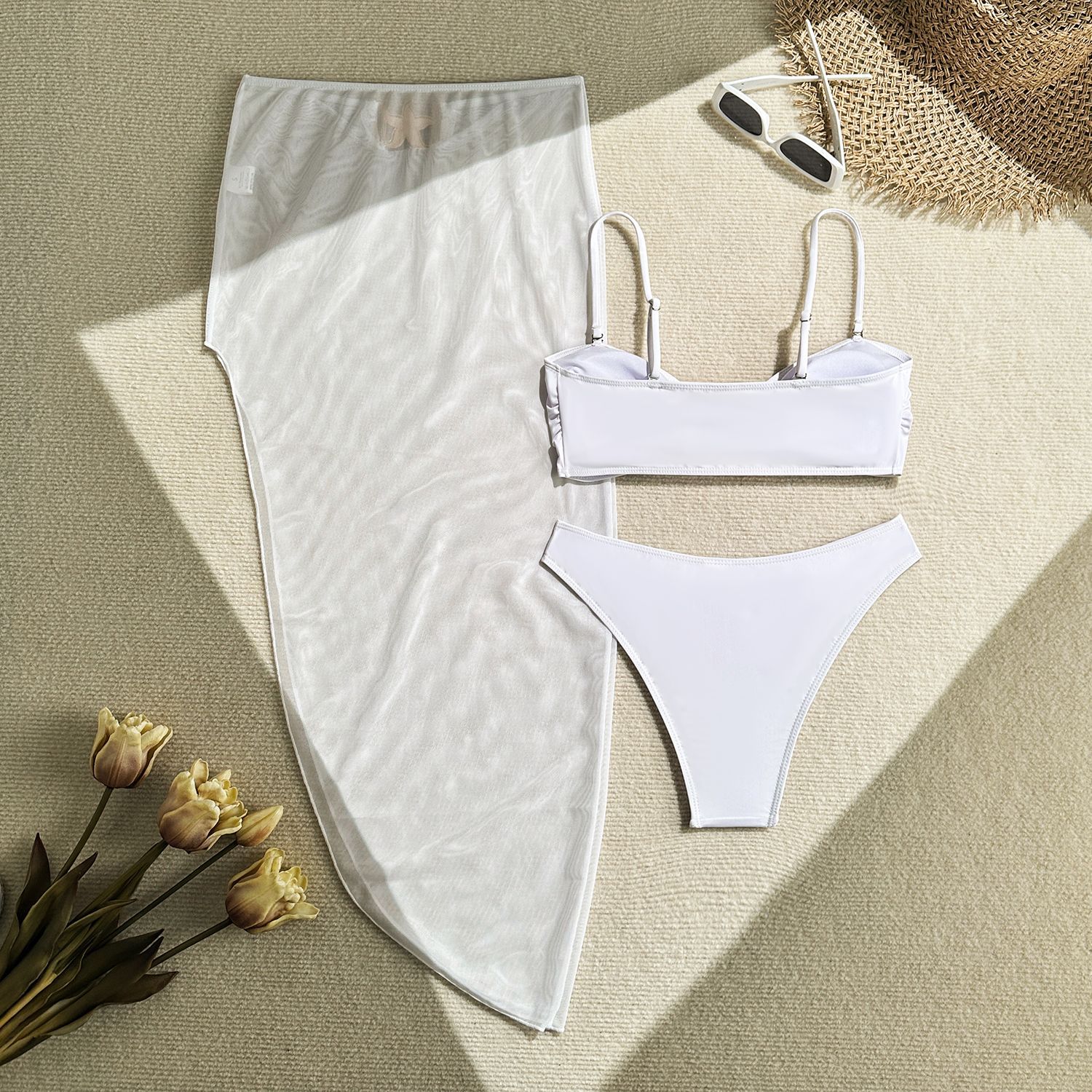 236g Weight Sleeveless Sleeve Length Polyester Fabric Type Skirt Sets Sets Type 3 Pieces Set Quantity Holiday, Swimming Pool, Swimming Occasion Strap Neckline Slim Fit Type Solid Color Pattern Women's Gender Sexy Style Women's Sexy Solid Color 3 Pieces Set Bikinis Swimwear 18