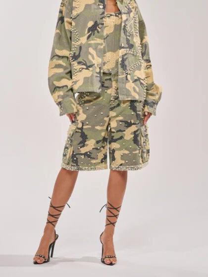 green rhinestone camo denim bermuda shorts detail 6