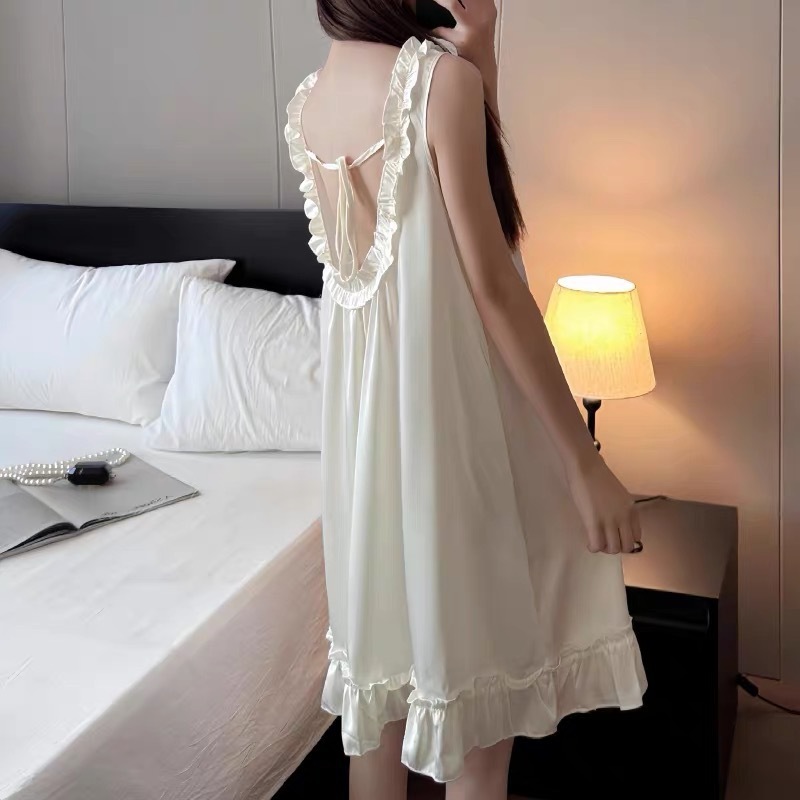 冰丝吊带睡裙女夏季可外穿2025新款木耳边连衣裙睡衣纯欲风家居服|undefined
