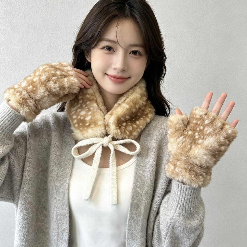 New Japanese-style faux fur scarf with a small deer design, featuring a ribbon and a faux fur collar, perfect for women to keep warm in winter