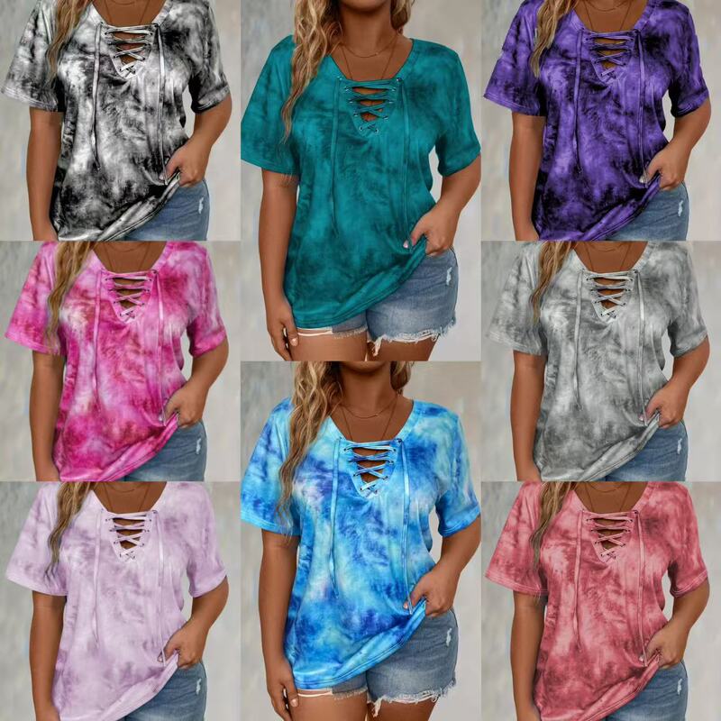 2025 Cross-Border European and American Tie-Dye Women's Plus-Size Printed V-Neck Tie-Up T-Shirt Short-Sleeve Top Summer New Oversized Women's Clothing