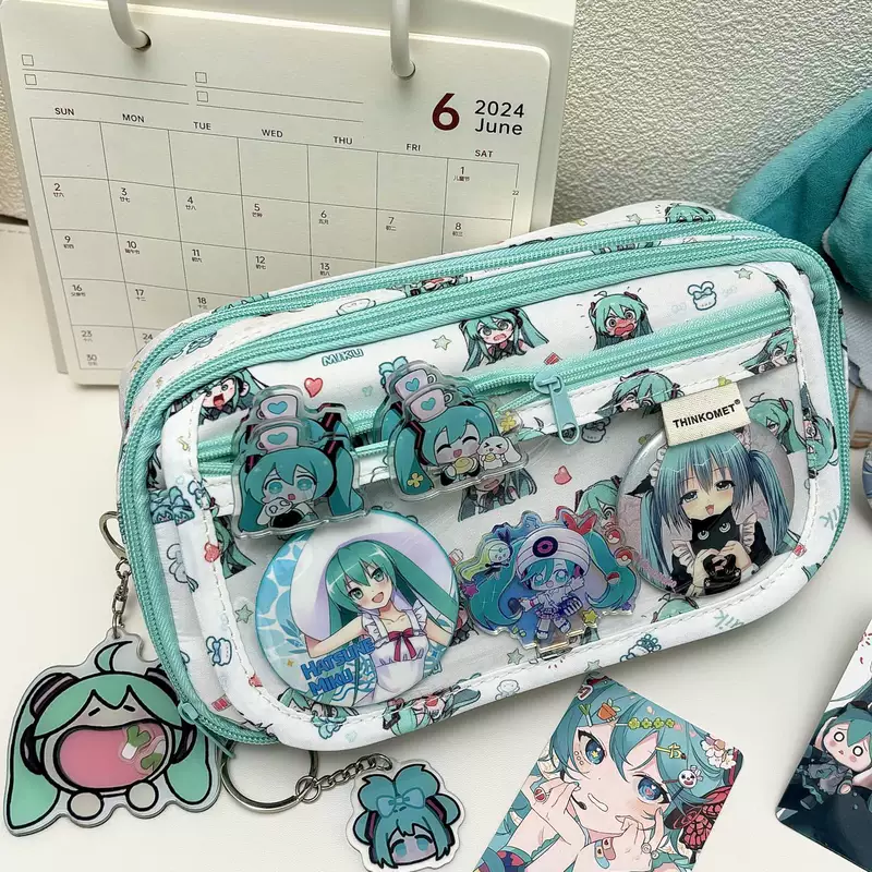 Pencil case (Brand) capacious anime print bag, double-zip organizer with keychain, 0.135 kg