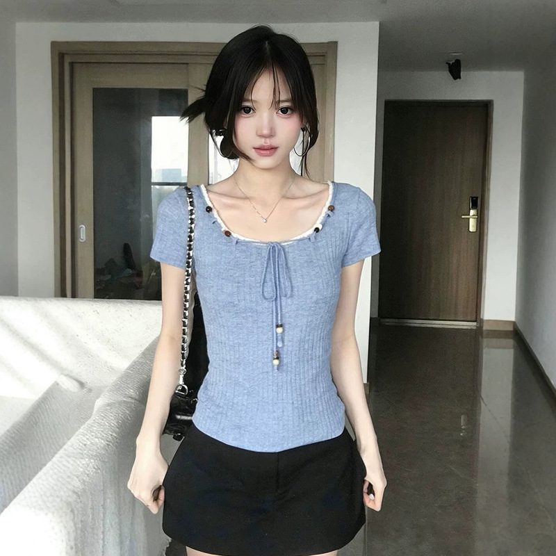 French-Style Girly Lace Beaded Short-Sleeve T-Shirt for Women, Summer Design with Unique Drawstring Waist Short Top French-Style Girly Lace Beaded Short-Sleeve T-Shirt for Women, Summer Design with Unique Drawstring Waist Short Top