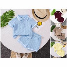 跨境2025简约时尚男宝宝提花短袖翻领上衣+短裤套装 夏季日常聚会