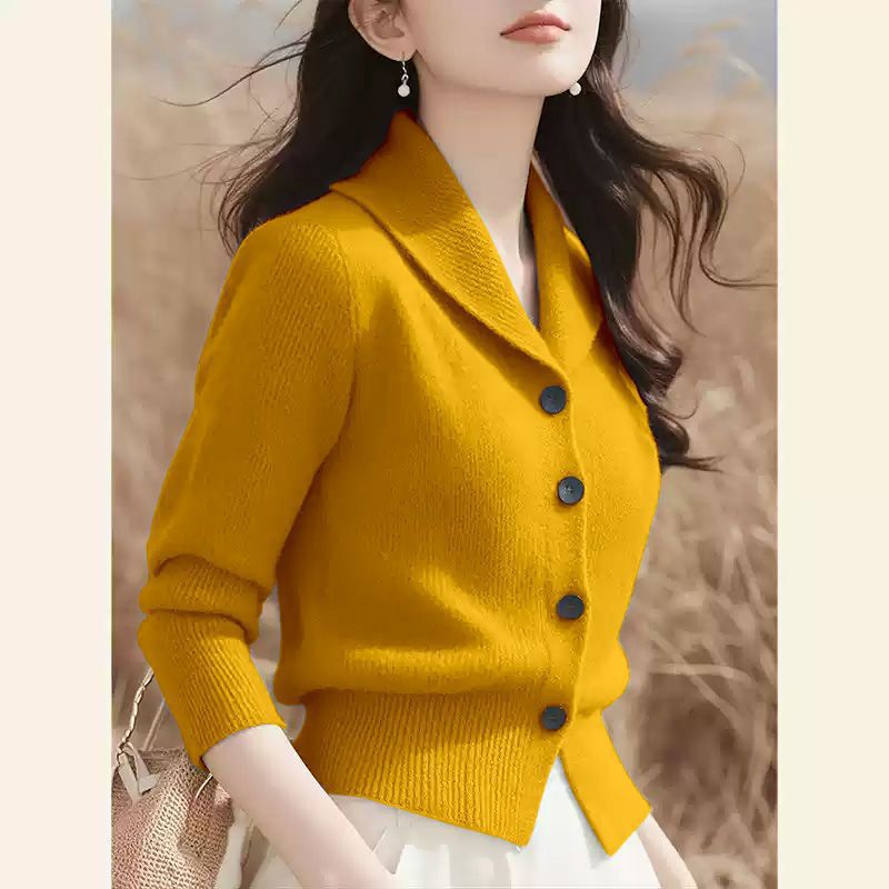 专柜女装毛衣时尚优雅纯色翻领长袖针织开衫女秋冬长袖上衣女|undefined