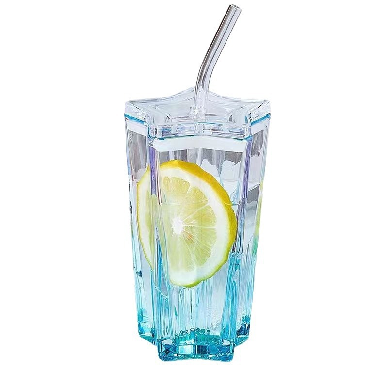 Taza de vidrio de estrella de cinco puntas de alto valor Taza de vidrio de paja de color Taza de bebida fría de gradiente de ins Taza de café con tapa para beber