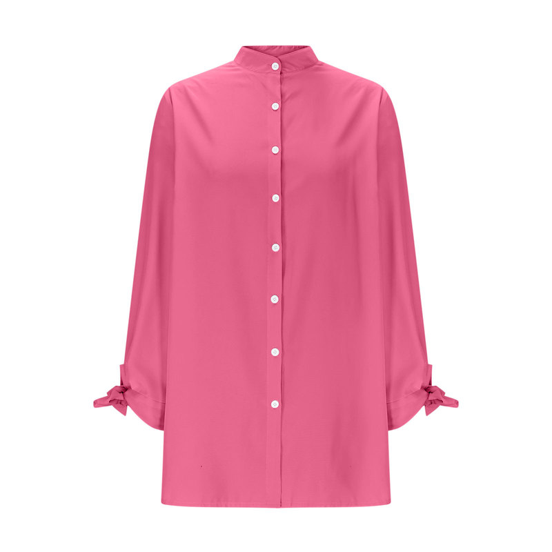 Amazon European and American Style Loose Long-Sleeved Shirt with Bow Tie at the Cuffs, Side Slit, Stand-Up Collar Dress, European and American Style