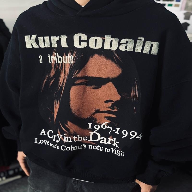 American Retro NIRVANA Band Cobain Washed Old Figure Letter High Street Men's and Women's fleece-lined Hooded Sweatshirt American Retro NIRVANA Band Cobain Washed Old Figure Letter High Street Men's and Women's fleece-lined Hooded Sweatshirt