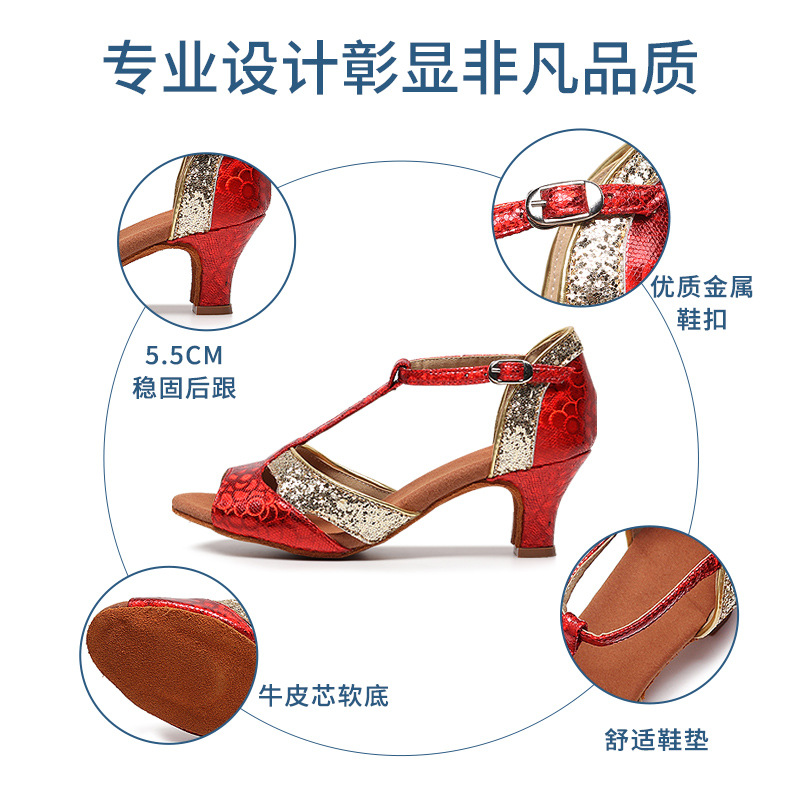 Adultos zapatos de baile latino sandalias de las mujeres de fondo suave zapatos de baile de salón tacón medio cuatro estaciones zapatos de baile fábrica venta directa al por mayor