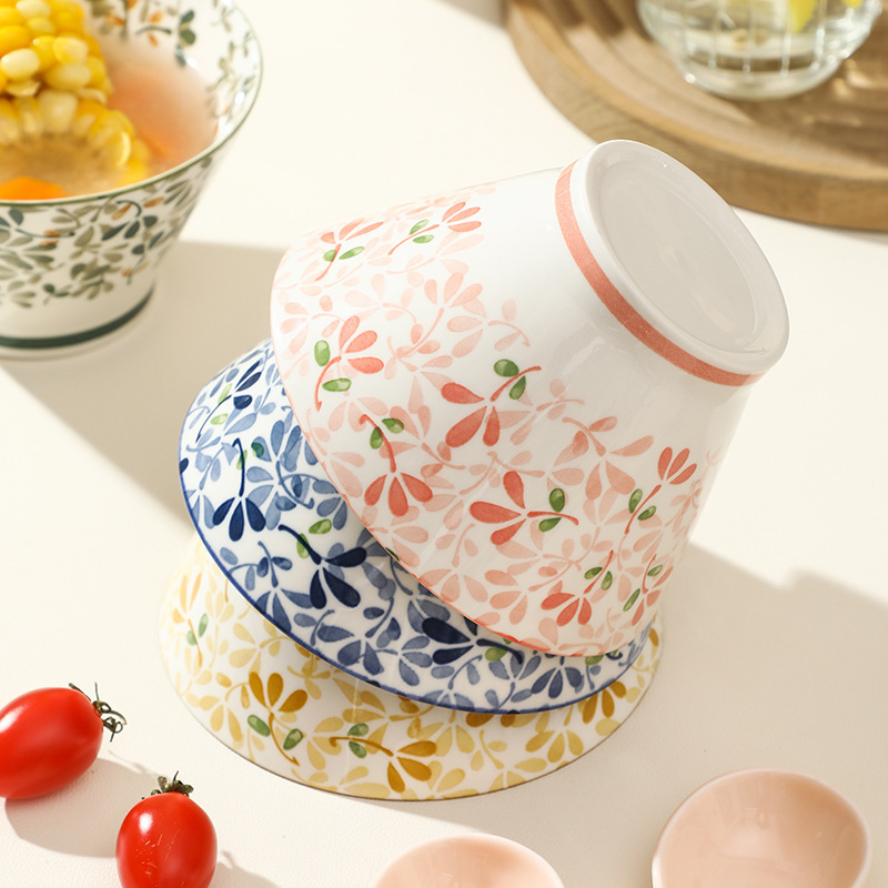 High-Quality Underglaze Ceramic Conical Bowl with Floral Design for All Seasons 5inch Conical Bowl Dopamine Rice Bowl with Spoon