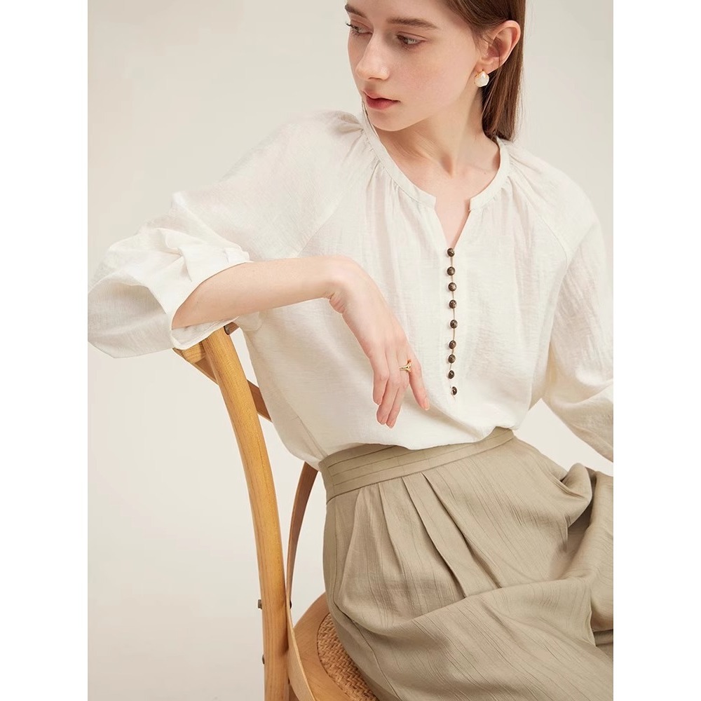 Áo sơ mi linen nữ tay lửng dáng rộng phong cách Pháp — Màu trắng nhạt