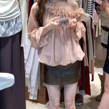 温柔甜美法式斜肩2025秋季雪纺衫衬衫上衣女粉色杏色其它其他