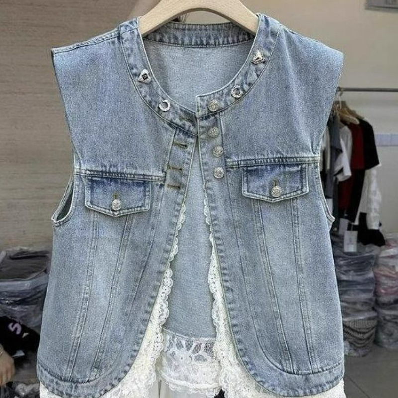 European Station 2025 Spring New Letter Embellished Diamond Round Neck Sleeveless Lace Patchwork Denim Vest for Women