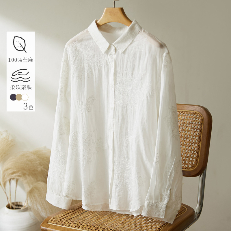 Cotton Cocoon Ramie Fabric Embroidered Shirt Long-Sleeved Women's Early Autumn Literary Age-Reducing Design Long-Sleeved Cardigan Top Cotton Cocoon Ramie Fabric Embroidered Shirt Long-Sleeved Women's Early Autumn Literary Age-Reducing Design Long-Sleeved Cardigan Top