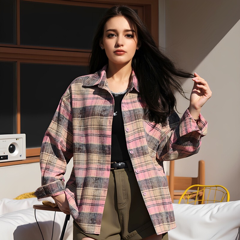 Printed Plaid Shirt Tie-Dye Retro Loose Casual Plaid Long-Sleeved Shirt Women's Trendy Cross-Border Retro Style