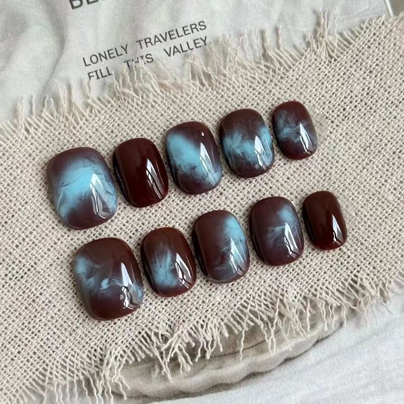 Chocolate Brown and Misty Blue Wearable Nails, Vintage Short Square Round, Brightening and High-End Beauty False Nails, Direct Wholesale from Cross-Border Factory