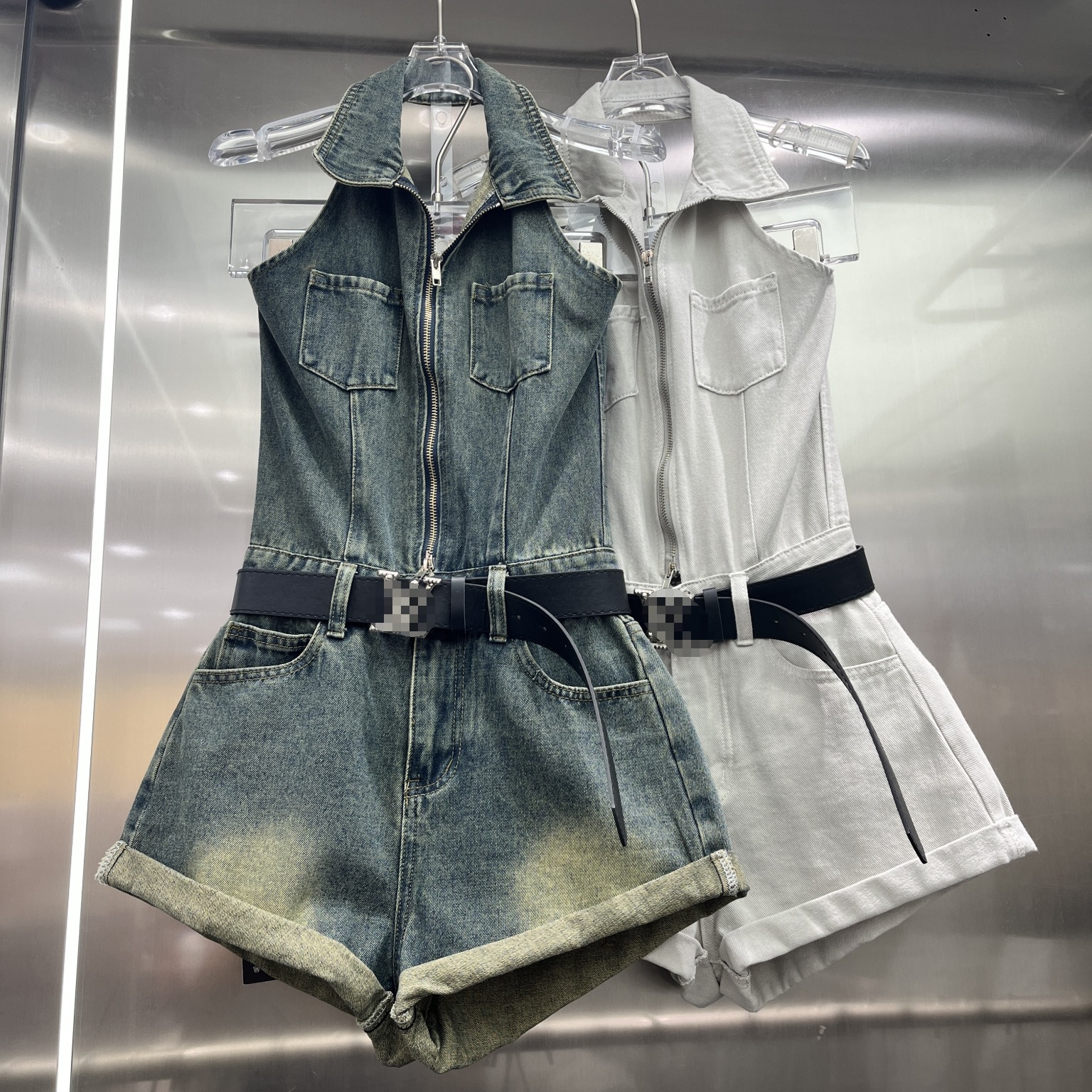 Halter Neck Denim Jumpsuit for Women 2025 Summer Pure Lust Style Backless Sexy Curled A-Line Wide Leg Shorts