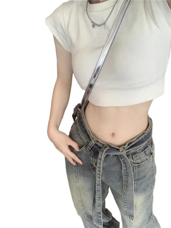 美式复古牛仔裤女装夏季做旧小个子高腰毛边宽松拖地长裤阔腿裤子|undefined