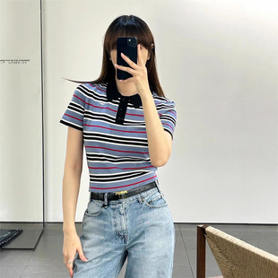 2025 New Summer Style Nanyou Ce Age-Reducing Preppy Style Versatile Contrasting Color Embroidered Short Stripesd Short-Sleeved Polo Shirt