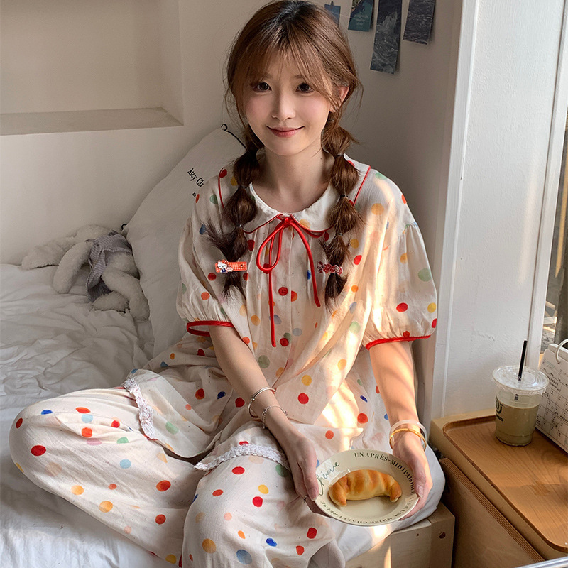 Spring and Summer New Red Bow Doll Collar Cute Cartoon Cotton Pajamas suit Outer Wear Home Clothes Spring and Summer New Red Bow Doll Collar Cute Cartoon Cotton Pajamas suit Outer Wear Home Clothes
