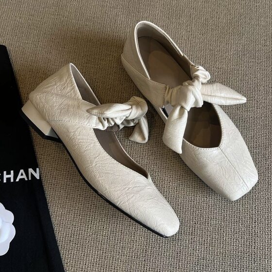 Cowhide Edition ~ 2025 Spring Comfortable Stepping with Flat Bottom Lace-up Niche ins Square Bow Mary Jane Single Shoes for Women