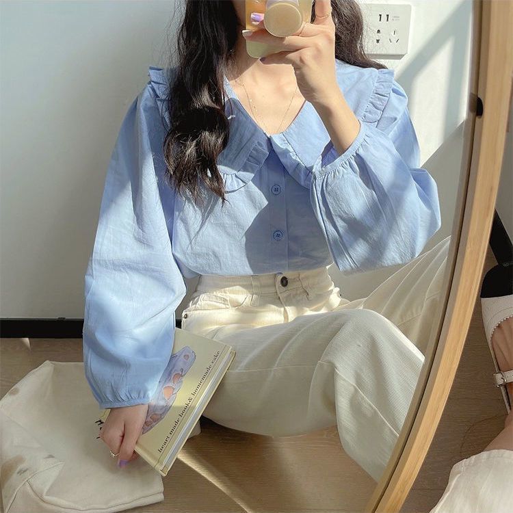 女性用ミルクイエロー長袖シャツ春フレンチレトロドールカラートップデザインニッチミルクスイートシャツ|undefined