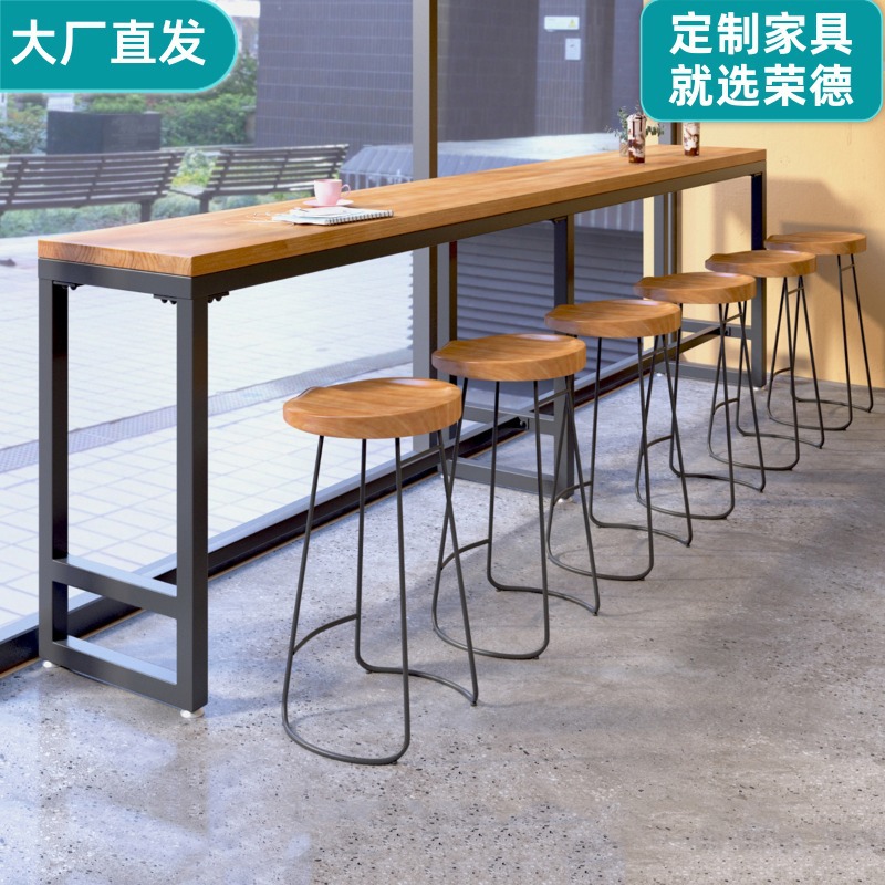 Commercial Iron Solid Wood Wall-Mounted High Table and Chair Combination Bar Table Casual Cafe Milk Tea Shop Long Narrow Table