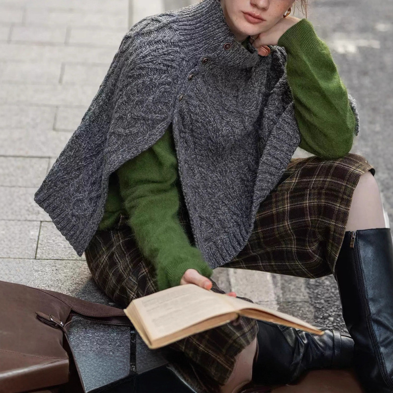 Dailyarta "Irish West" Alan Pattern Wool Retro Cable All-In-One Shawl and Scarf Sweater