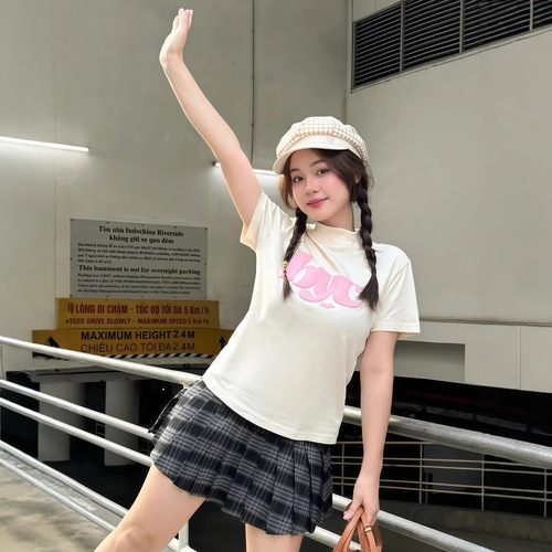 Foam Print Regular Fit Short Sleeve T-Shirt for Women 2025 Summer Stylish Round Neck Student Top Women's Fashion