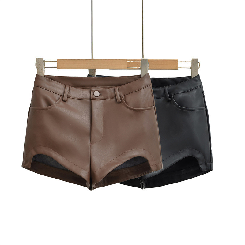 American-Style Coffee-Colored Slim-Fit Pu Leather Shorts for Petite Women, New Spring Model with Hip Pads, Tight-Fitting Hot Pants