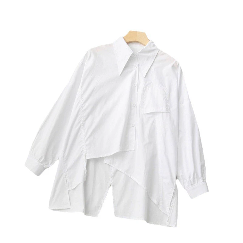 Women's Retro Autumn Loose-Fit Shirt, Asymmetric Hem, Long Sleeve, Blue or White (S–XL)