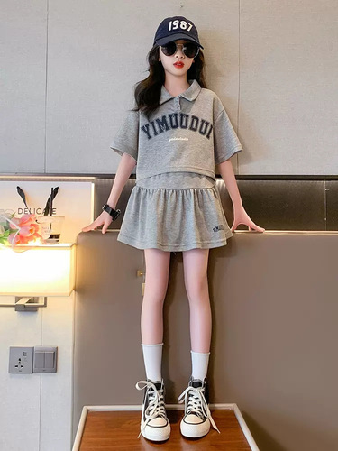 Girls Summer Puff Skirt Set 2023 New Medium and Large Children Korean Style Short Polo Shirt Splicing Skirt Two-piece Trendy Set