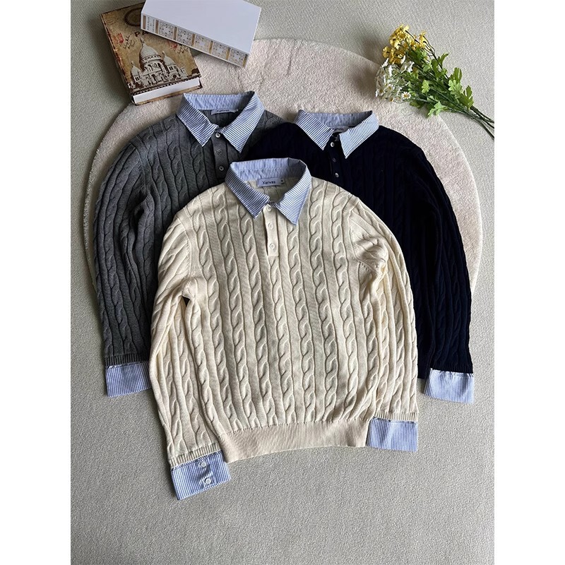 Fake Two-Piece Shirt Spliced ​​Twist Knitted Polo Shirt Sweater Men's Autum Cleanfit High-End Casual Top