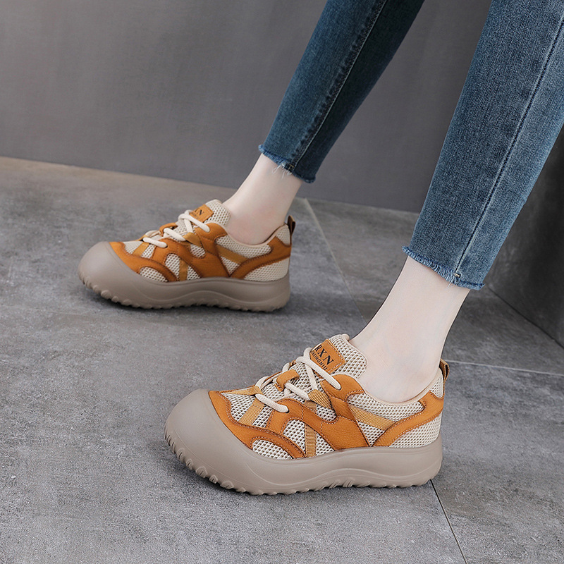 Giày sneaker nữ lưới thoáng khí đế mềm dây buộc da thật — màu be