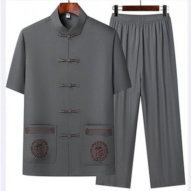 Chinese Style Tang Suit Middle-aged and Elderly Summer Suit Summer Ice Silk Cotton Linen Chinese Style Middle-aged and Elderly Tang Suit Hanfu