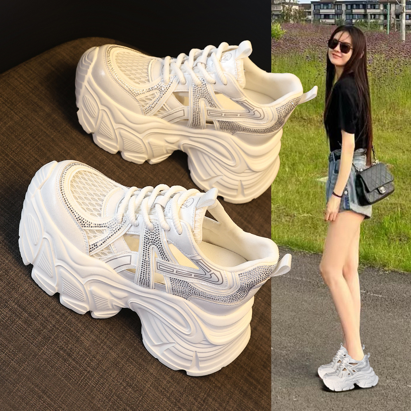 Giày sneaker nữ đế dày tăng chiều cao, mặt lưới đính đá lấp lánh — màu trắng