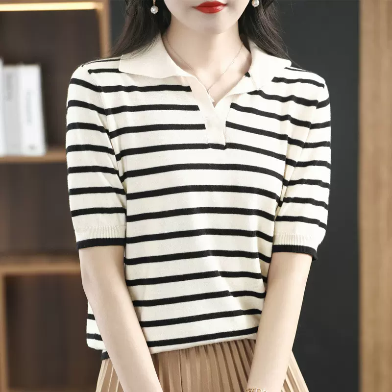 夏季新款纯棉针织短袖T恤女翻领条纹百搭上衣简约显瘦内搭打底衫