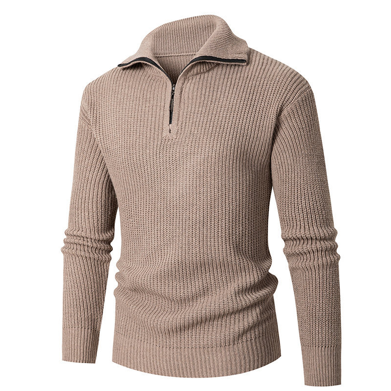 Autumn and Winter New Men's Sweaters Slim Fit Bottom Shirt Lapel Half Zip Knitwear Solid Color Top_voghion.com