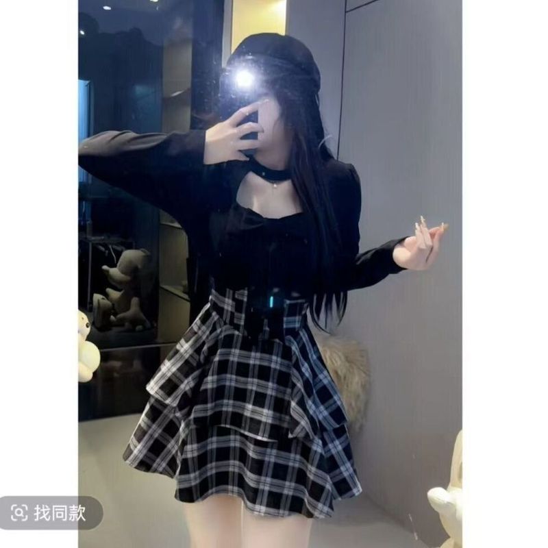 韩版学院风蝴蝶结打底上衣女秋季新款束腰格纹裙甜美气质显瘦套装|undefined