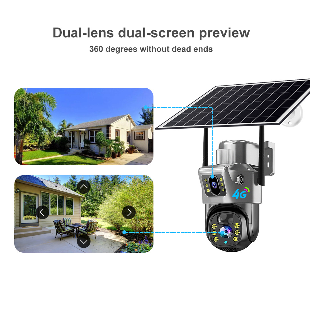 Cámara de Vigilancia Solar 4G de Doble Lente de ABS para Exterior