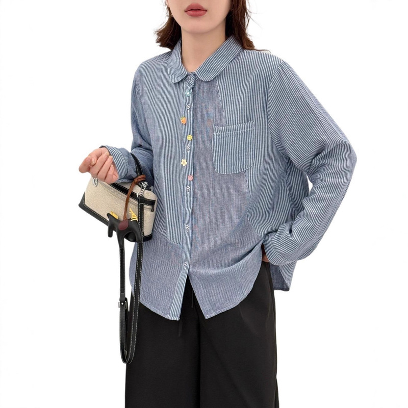 条纹拼接衬衫 2025秋季新款 时尚百搭翻领长袖彩色扣子上衣女9305|undefined
