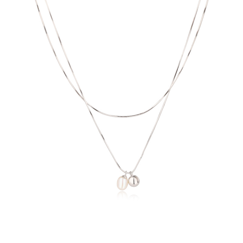 925 plata esterlina perlas de agua dulce doble collar de cadena de hueso de serpiente moda femenina simple nicho de alta calidad cadena de clavícula