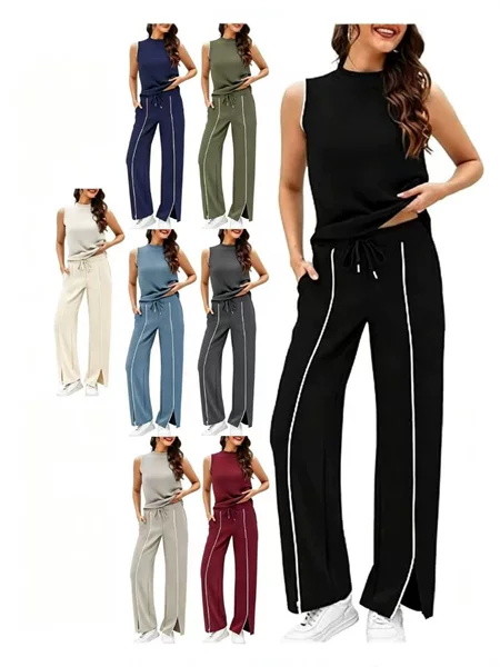2026 Amazon Summer New European and American Cross-Border Sleeveless Vest Wide-Leg Pants Two-Piece Set Women's Casual Sports Suit