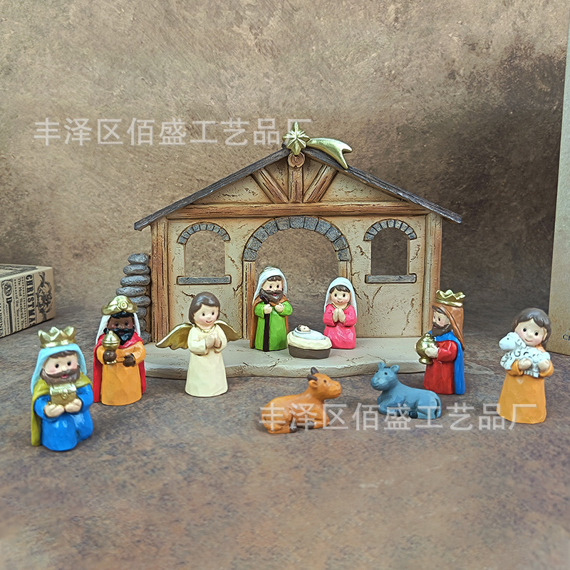 Navidad transfronteriza regalos de nacimiento escena de pesebre decoración imitación de madera resina artesanía decoración para el hogar de vacaciones