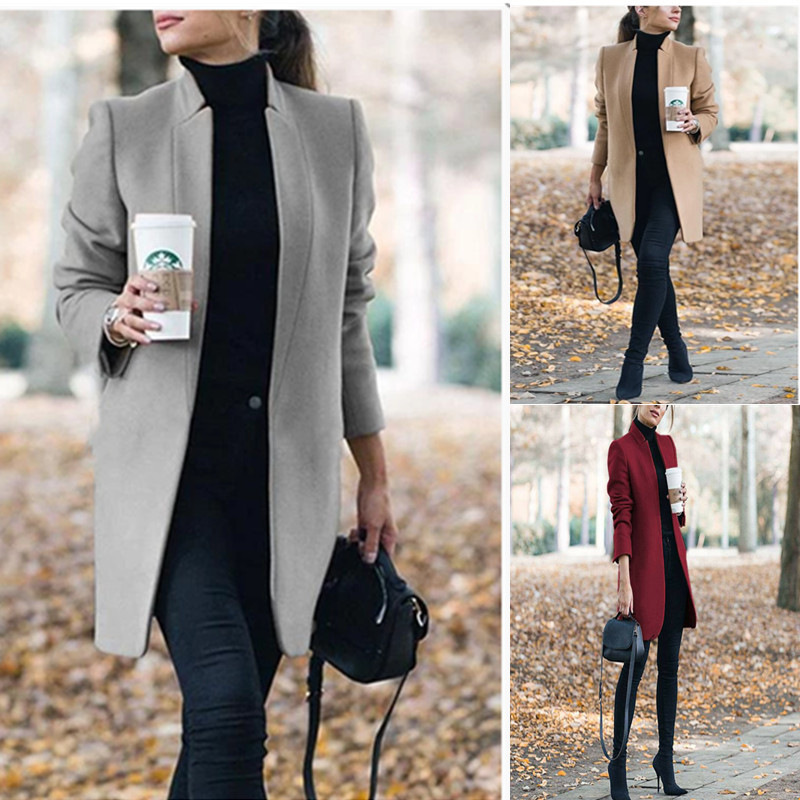2025 New European and American Fashion Temperament Autumn and Winter Coat Women's Solid Color Stand Collar Slim Long Woolen Coat for Women