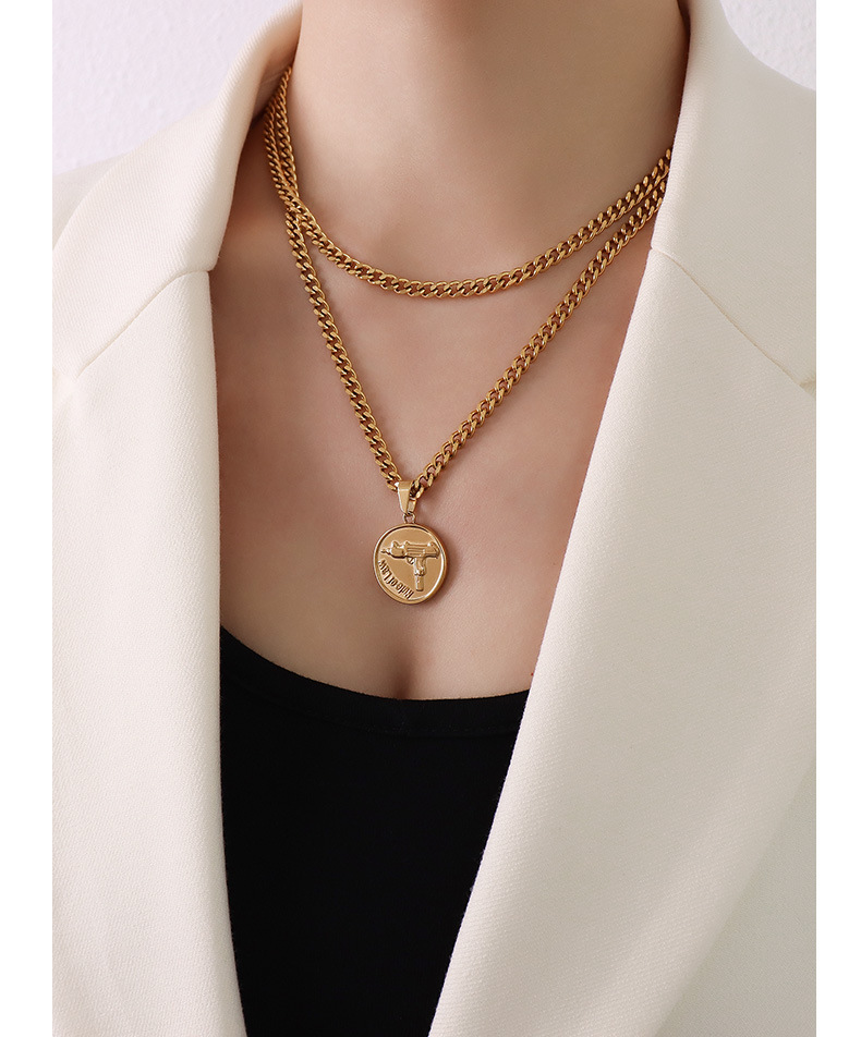exaggerated thick chain otbuckle round brand gun shape pendant double stacked titanium steel  gold necklace_voghion.com
