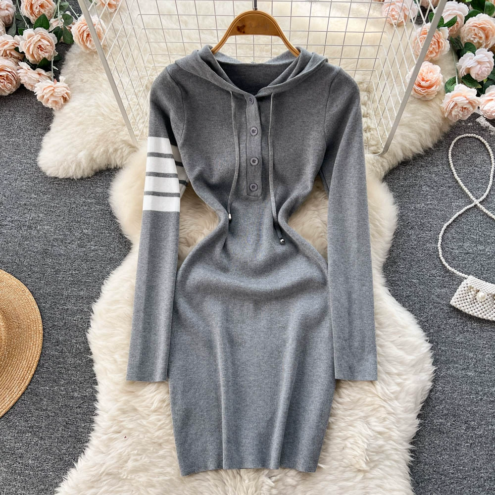 Премиум холодное ветреное трикотажное платье с капюшоном женское хепберн стиль тонкая талия с длинными рукавами бедра маленькая черная юбка