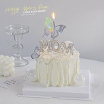 2025网红母亲节蛋糕装饰摆件银色钻石皇冠MOM珍珠蝴蝶结装扮插件